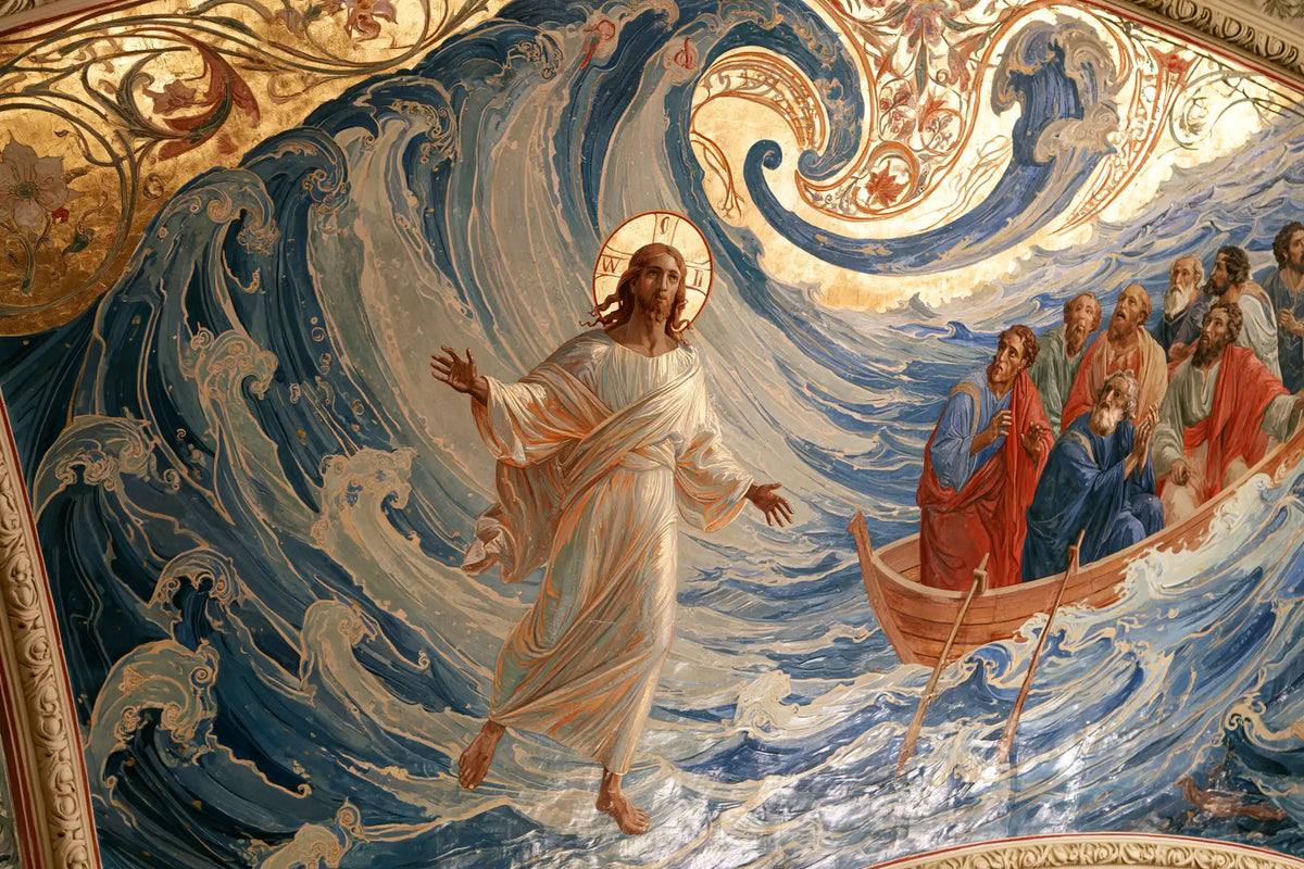 Jesus walking on water in Sacred Art Nouveau style, landscape Christian artwork no. 21