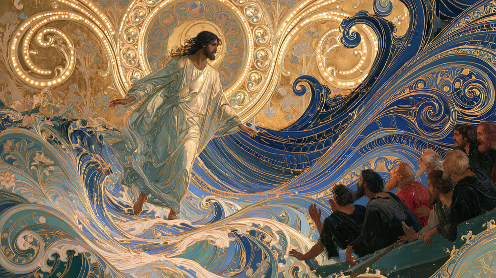 Jesus walking on water in Sacred Art Nouveau style, landscape Christian artwork no. 26
