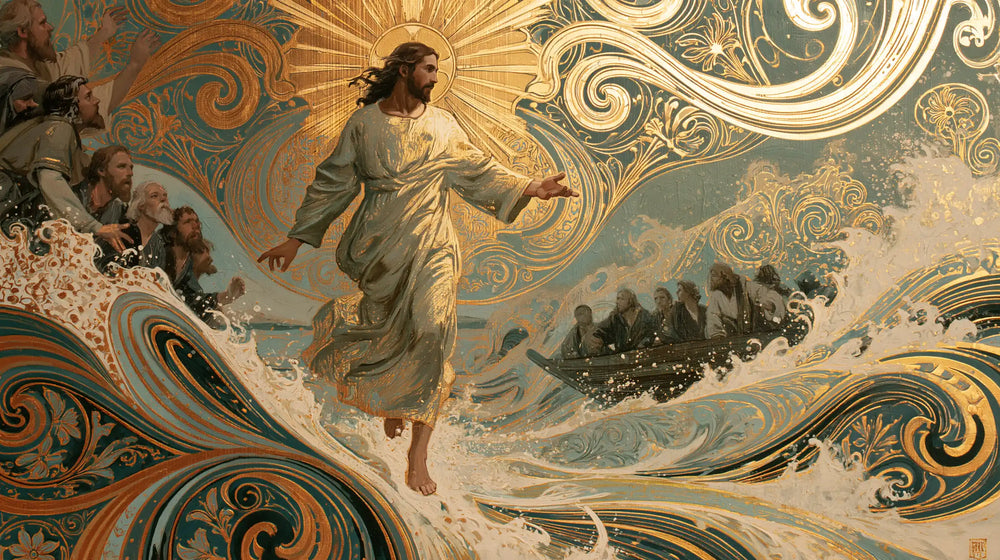 Jesus walking on water in Sacred Art Nouveau style, landscape Christian artwork no. 27