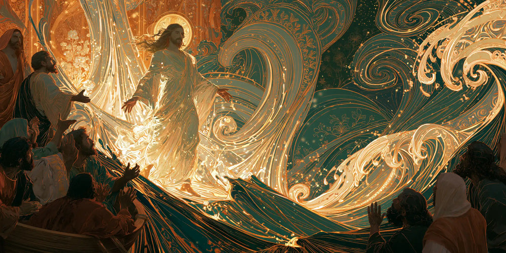 Jesus walking on water in Sacred Art Nouveau style, landscape Christian artwork no. 30