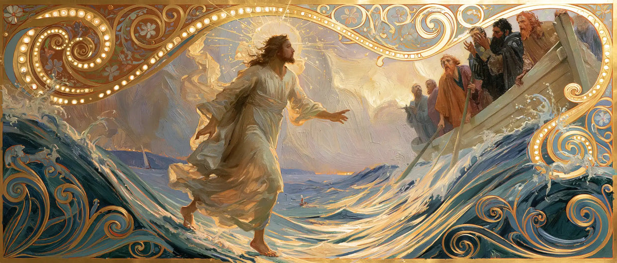 Jesus walking on water in Sacred Art Nouveau style, landscape Christian artwork no. 31