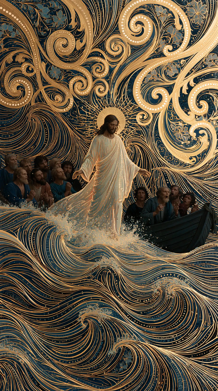 Jesus Walking on Water — The Pale Silhouette in the Filigree Ocean