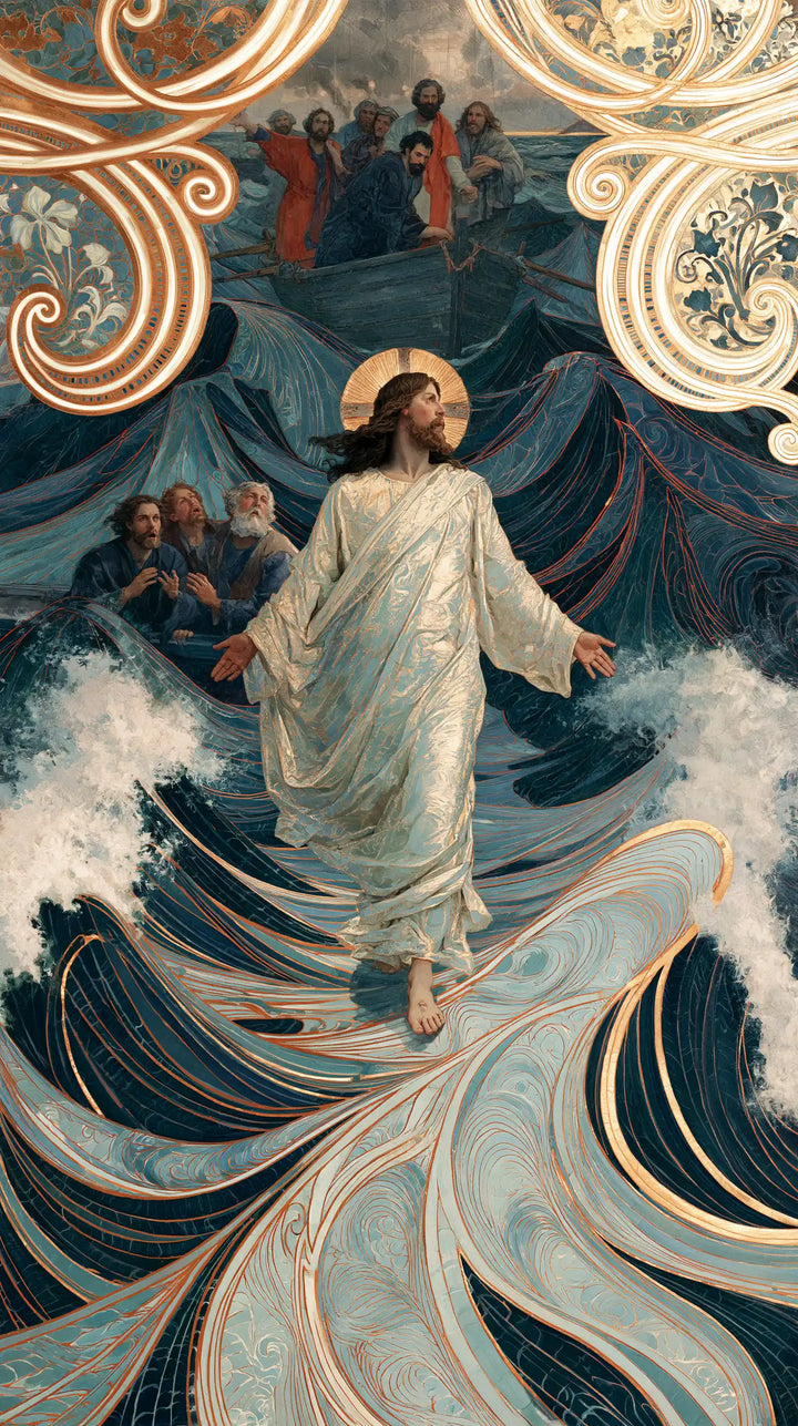 Jesus Walking on Water — Linen Carried by the Pearly Wave