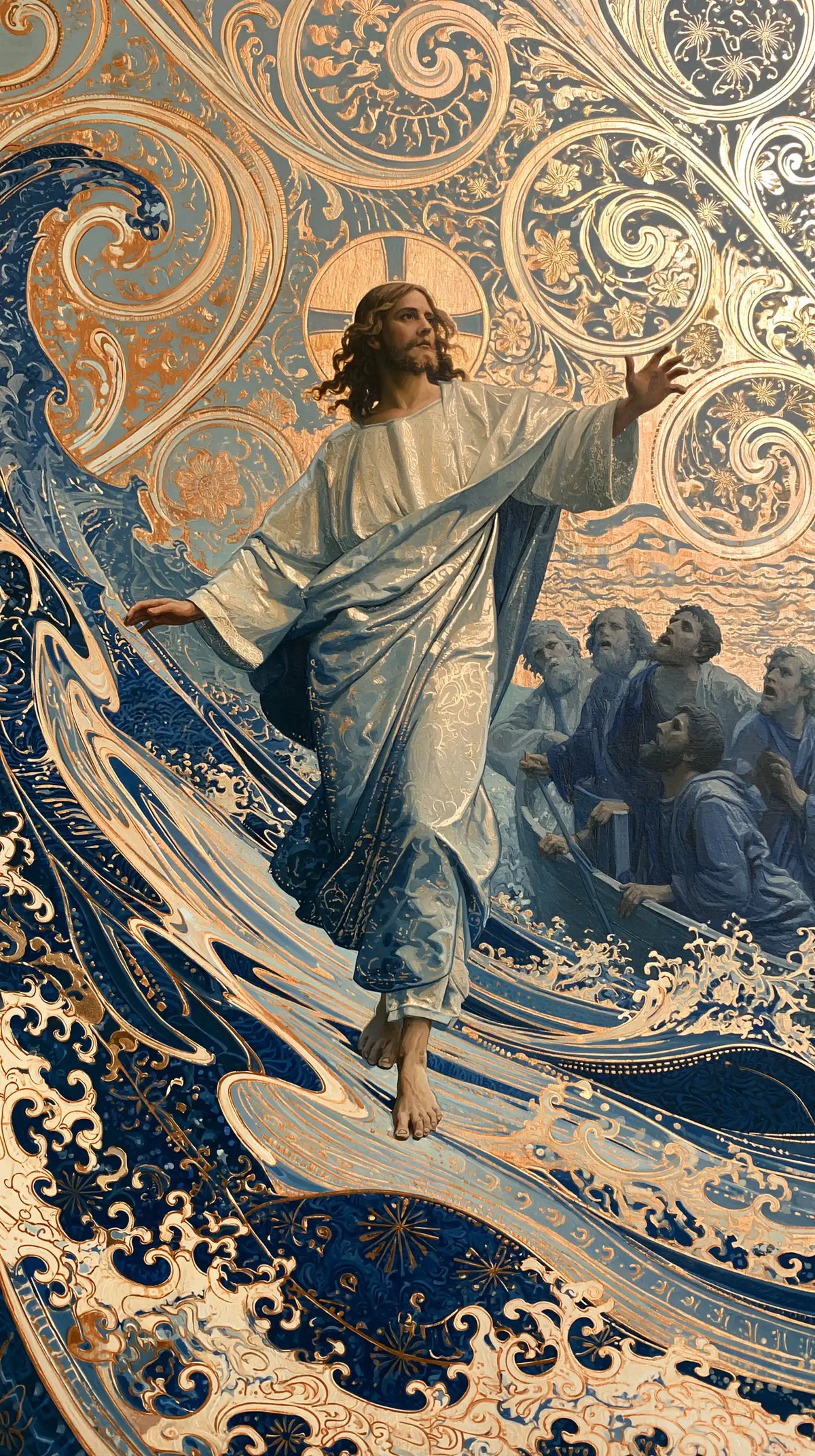Jesus walking on water in Sacred Art Nouveau style, portrait Christian artwork no. 22