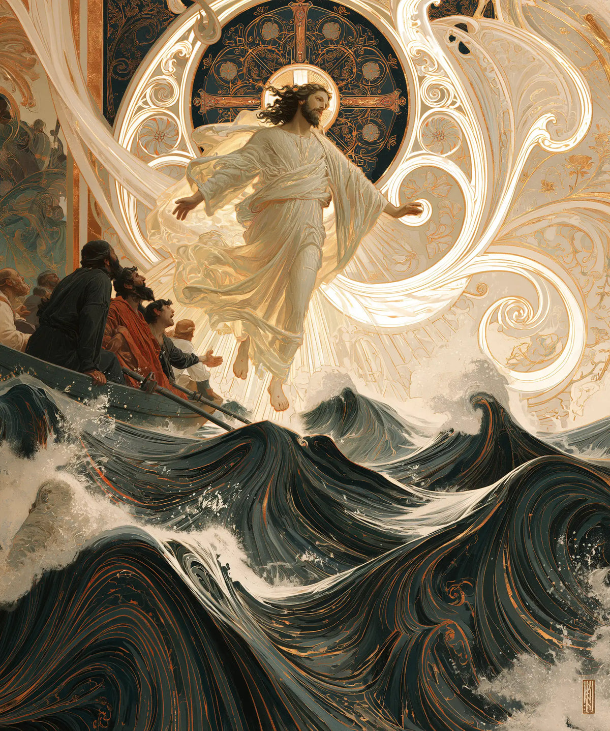 Jesus walking on water in Sacred Art Nouveau style, portrait Christian artwork no. 45