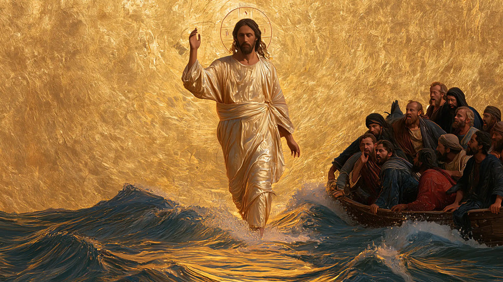 Jesus walking on water in Sacred Gold style, landscape Christian artwork no. 2