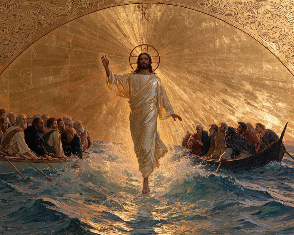 Jesus walking on water in Sacred Gold style, landscape Christian artwork no. 12