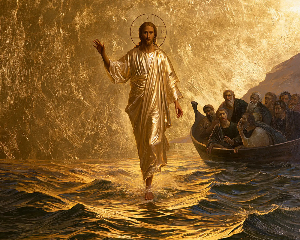 Jesus walking on water in Sacred Gold style, landscape Christian artwork no. 15