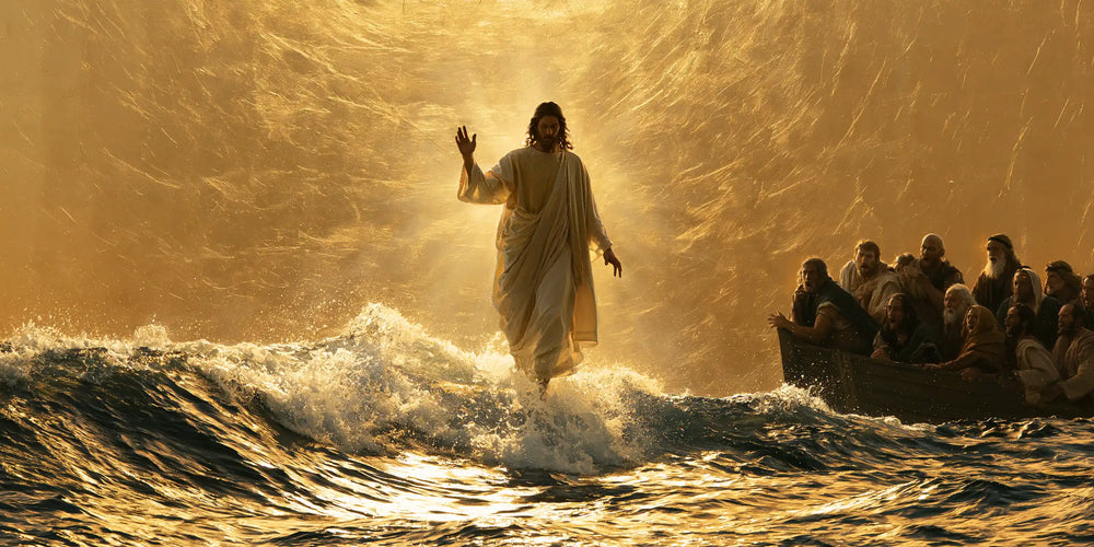 Jesus walking on water in Sacred Gold style, landscape Christian artwork no. 19