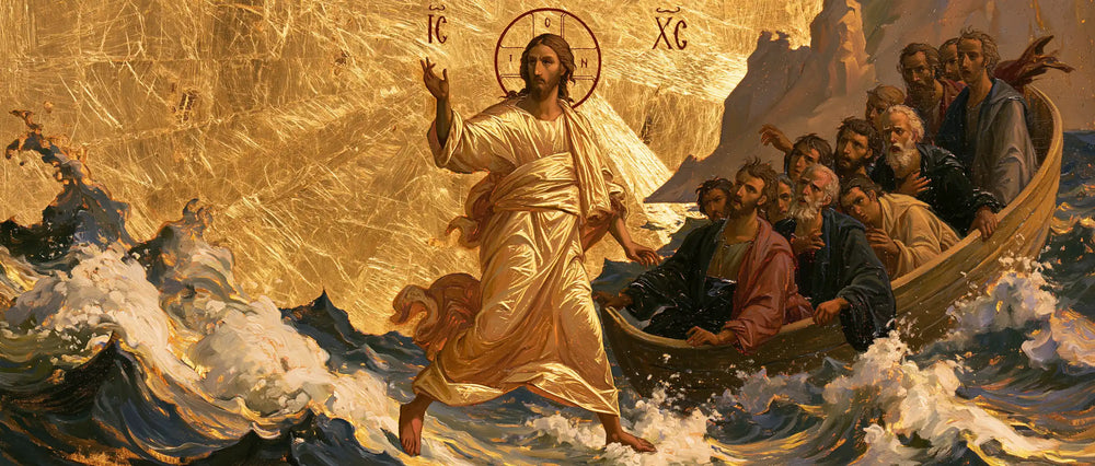 Jesus walking on water in Sacred Gold style, landscape Christian artwork no. 23