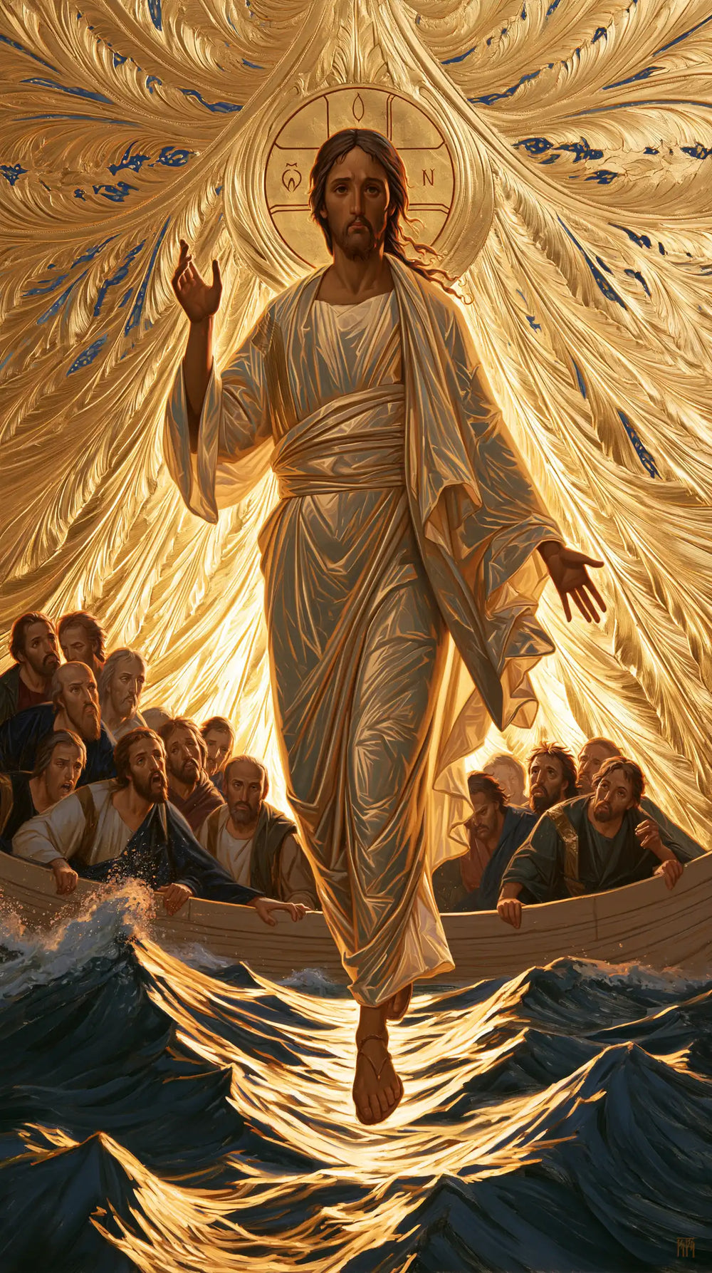 Jesus walking on water in Sacred Gold style, portrait Christian artwork no. 9