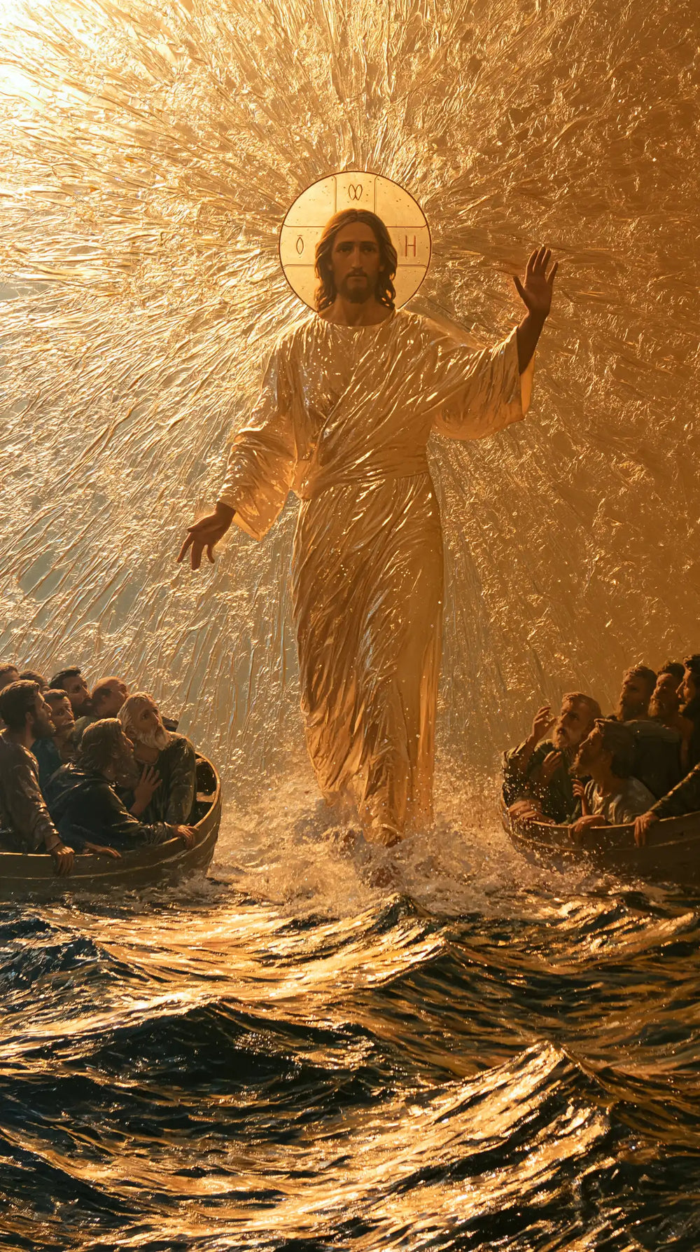 Jesus walking on water in Sacred Gold style, portrait Christian artwork no. 10