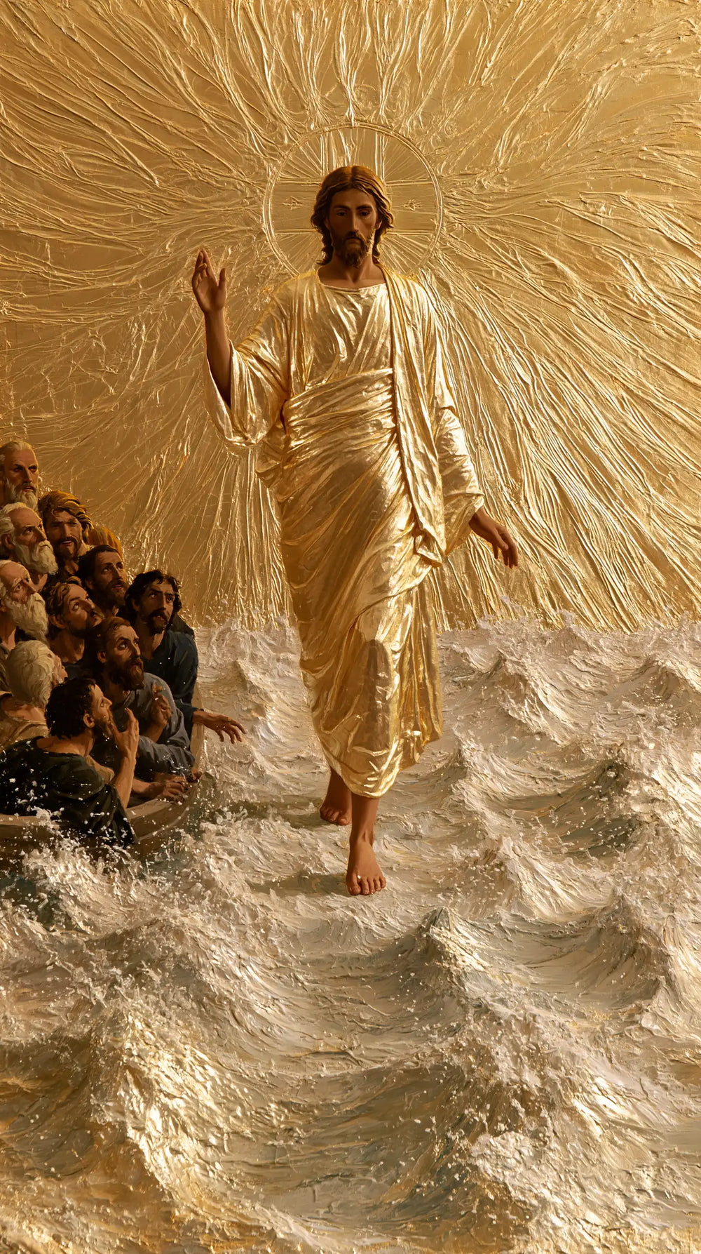 Jesus walking on water in Sacred Gold style, portrait Christian artwork no. 11