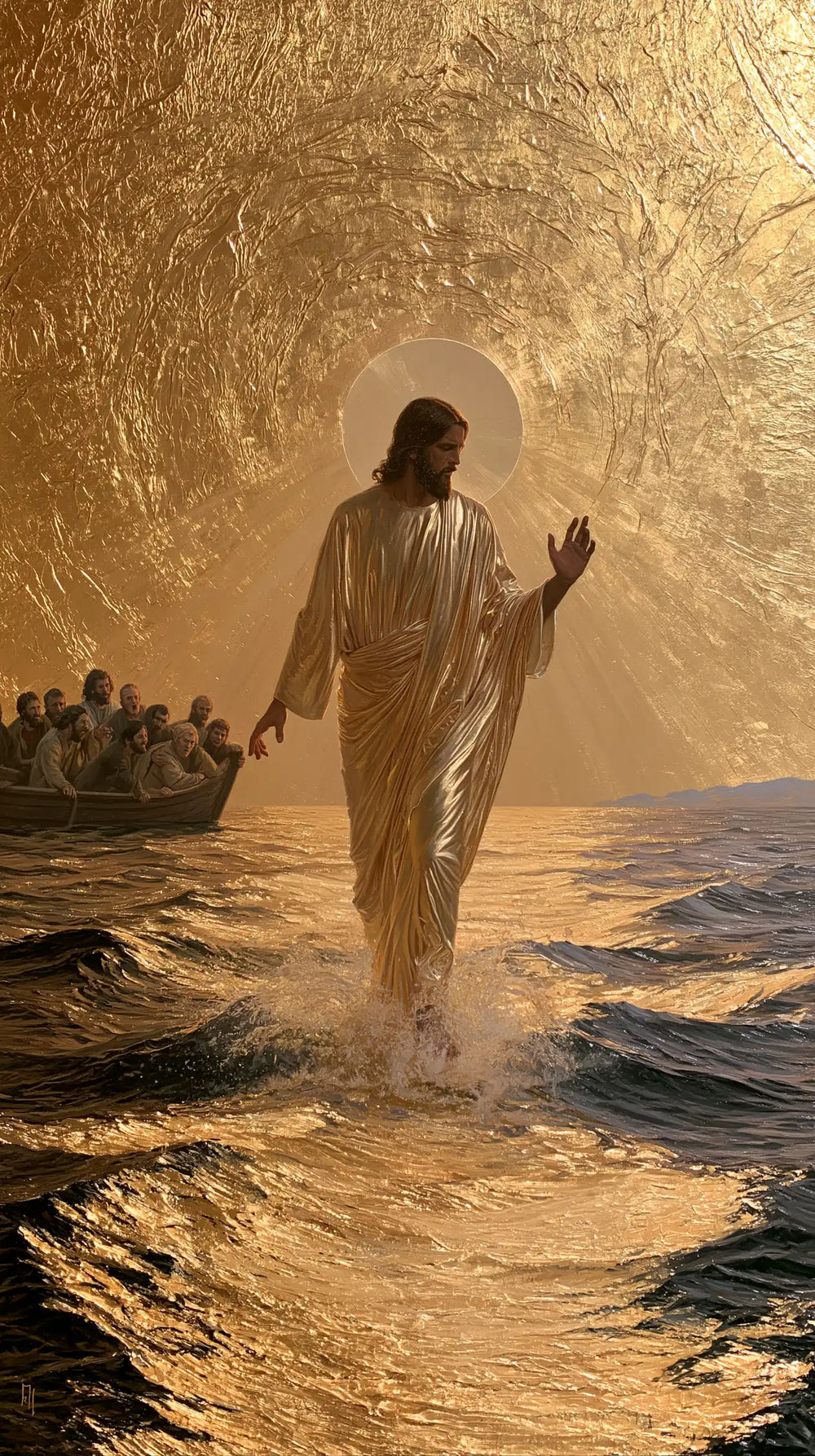 Jesus walking on water in Sacred Gold style, portrait Christian artwork no. 14