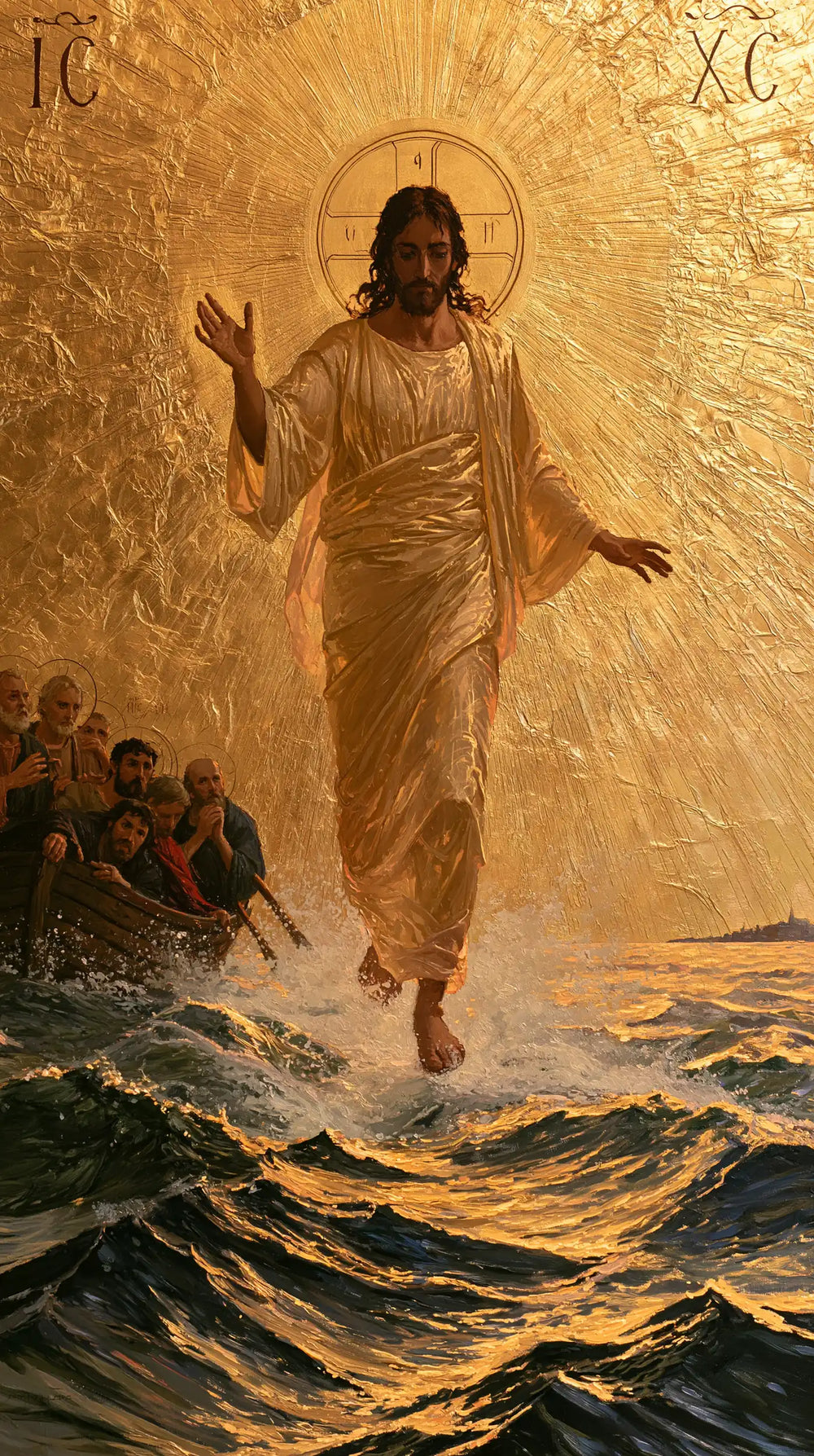 Jesus walking on water in Sacred Gold style, portrait Christian artwork no. 19