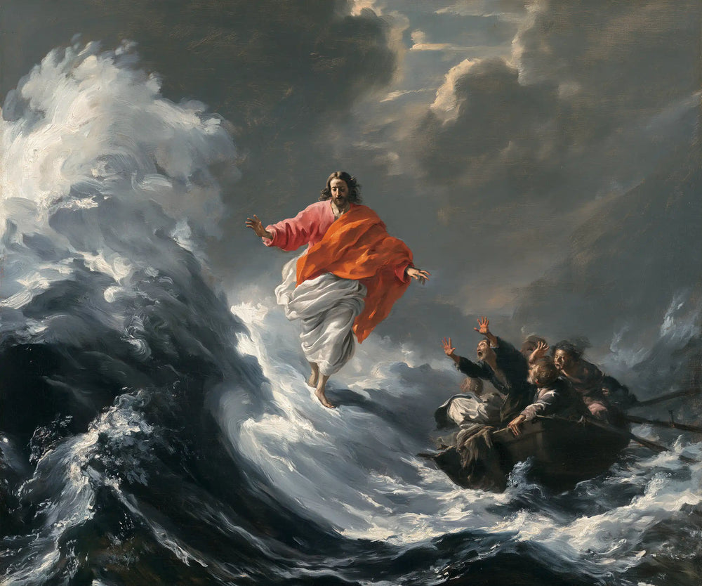 Jesus walking on water in Theatrical Baroque style, landscape Christian artwork no. 1
