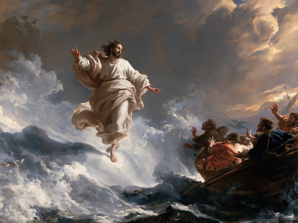 Jesus walking on water in Theatrical Baroque style, landscape Christian artwork no. 14