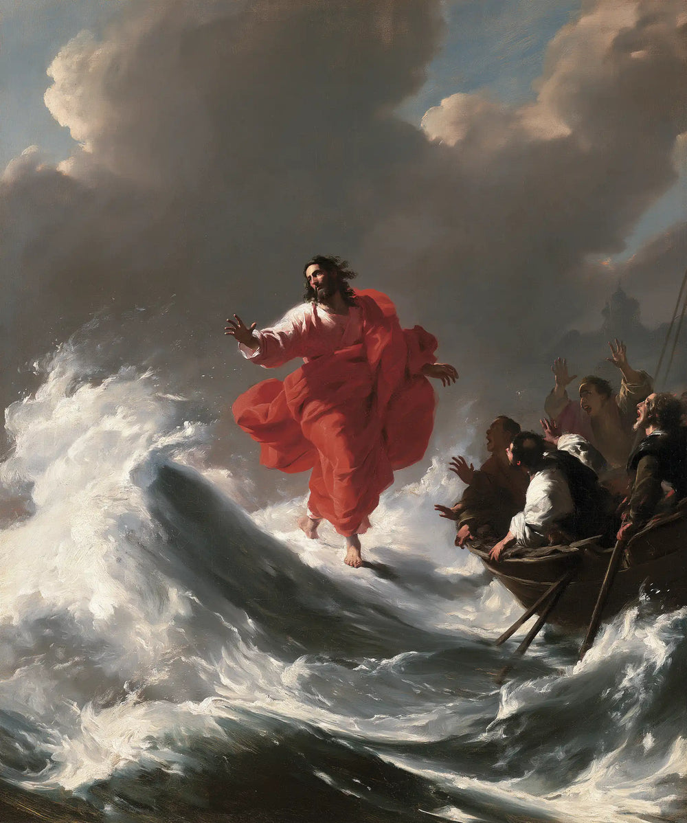Jesus walking on water in Theatrical Baroque style, portrait Christian artwork no. 15