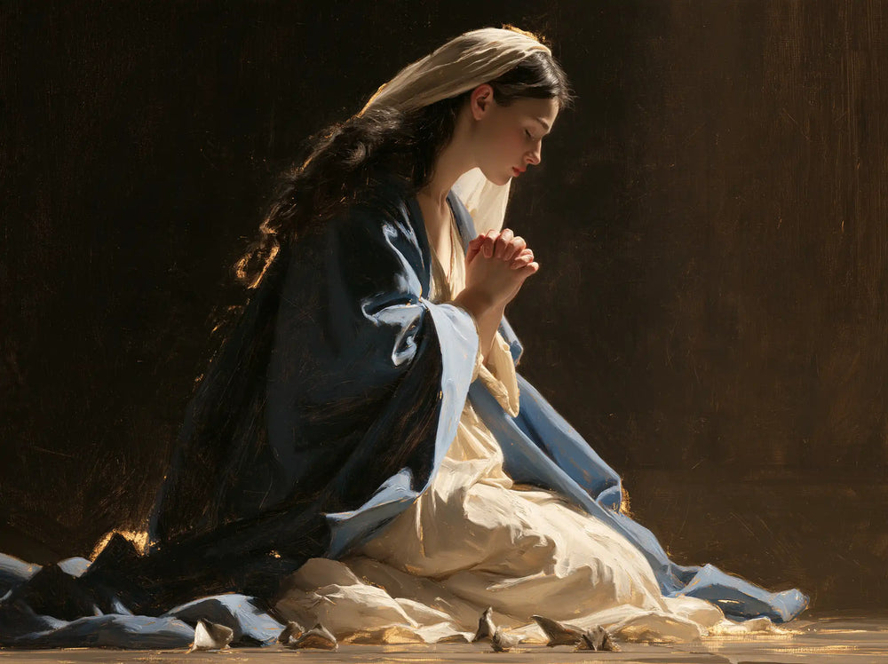 the Virgin Mary in prayer in Black and Gold style, landscape Christian artwork no. 4