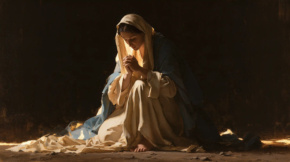 the Virgin Mary in prayer in Black and Gold style, landscape Christian artwork no. 10