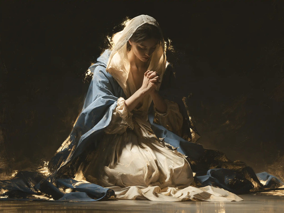 Virgin Mary in Prayer — The Veil Brushed with Light