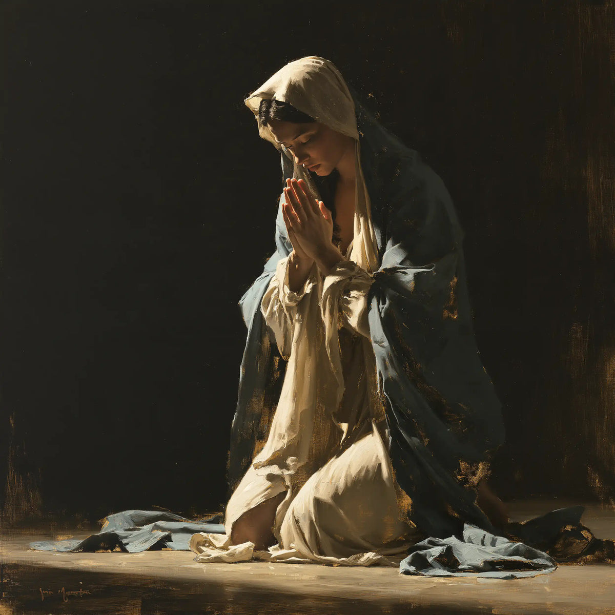 the Virgin Mary in prayer in Black and Gold style, square Christian artwork no. 5