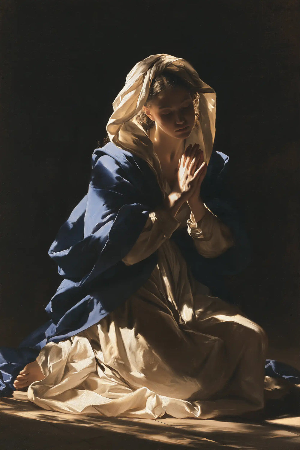 the Virgin Mary in prayer in Caravaggio Tenebrism style, portrait Christian artwork no. 11
