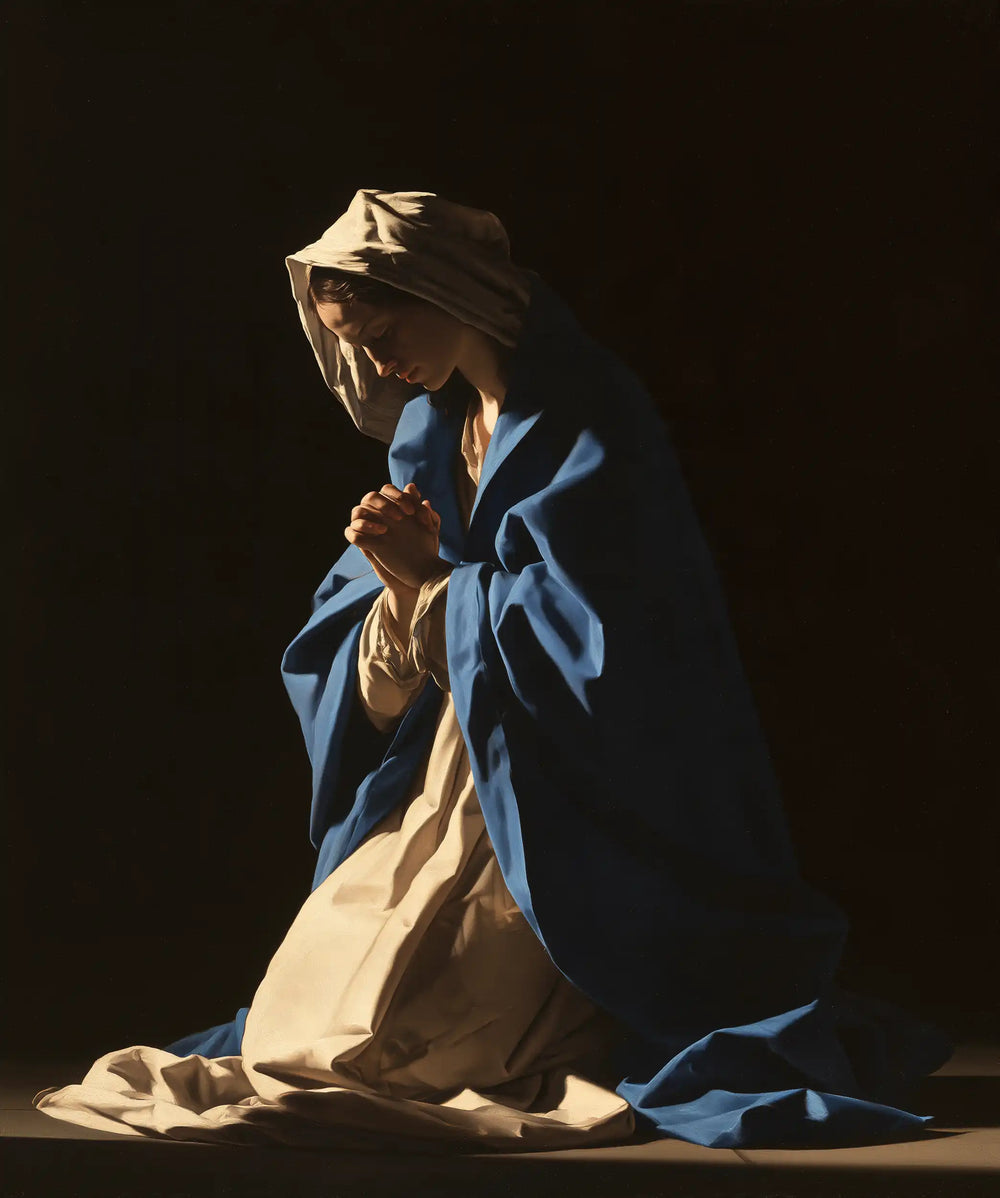 the Virgin Mary in prayer in Caravaggio Tenebrism style, portrait Christian artwork no. 27