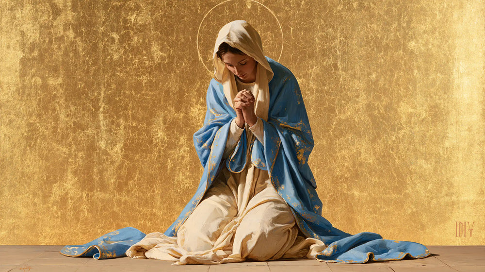 the Virgin Mary in prayer in Contemporary Byzantine style, landscape Christian artwork no. 13