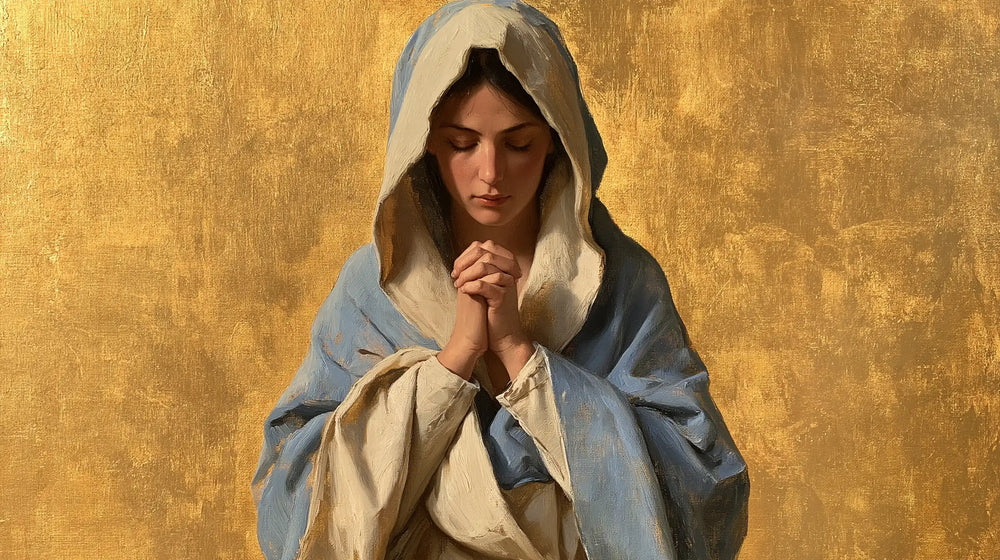 the Virgin Mary in prayer in Contemporary Byzantine style, landscape Christian artwork no. 19