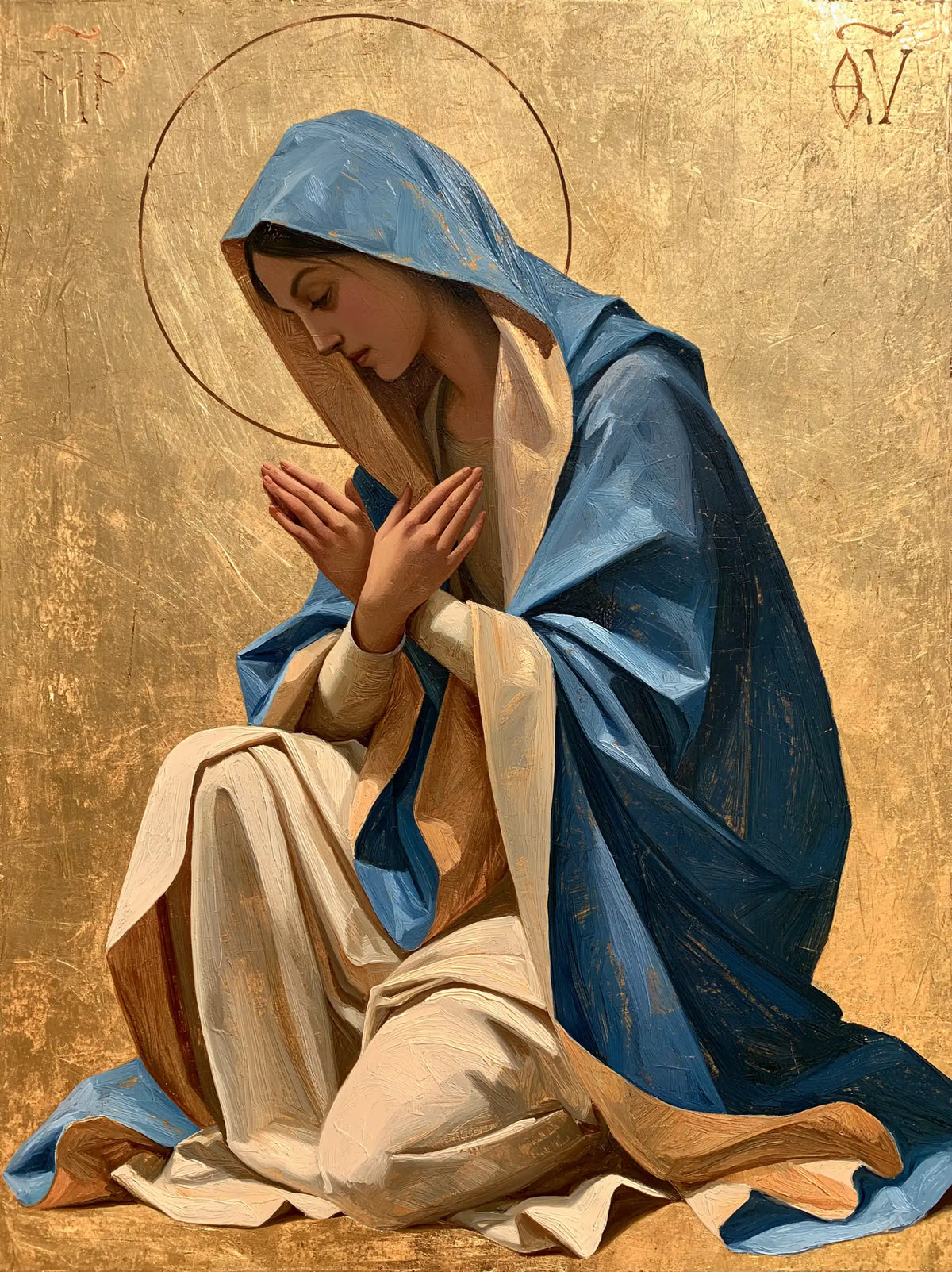 Virgin Mary in Prayer — Open Hands upon the Heart