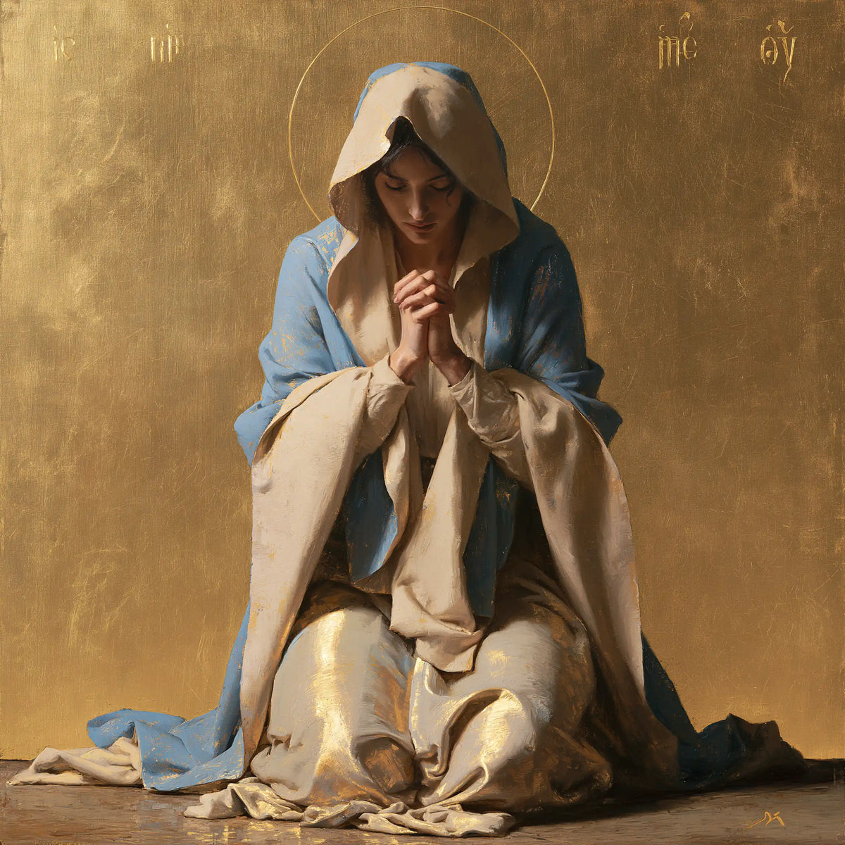 Virgin Mary in Prayer — Knees Bathed in Light