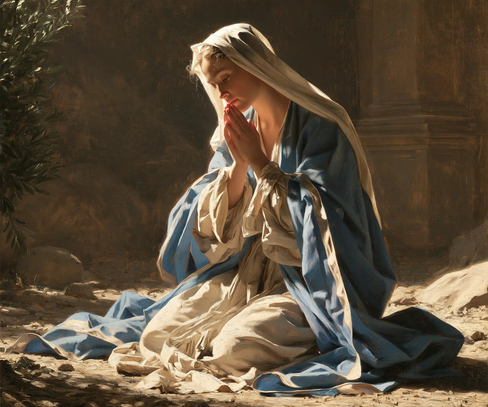 the Virgin Mary in prayer in Florentine Renaissance style, landscape Christian artwork no. 4