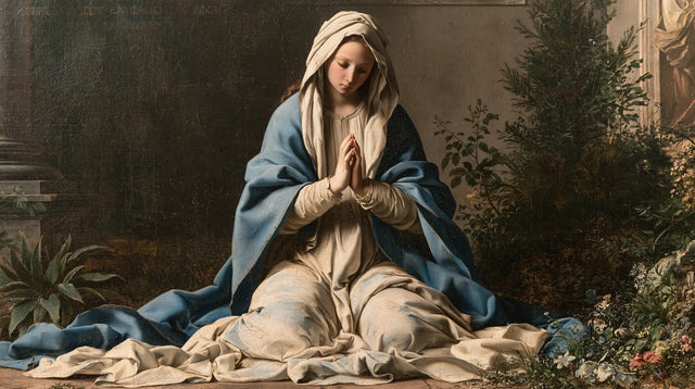 Virgin Mary in Prayer — The Serenity of the Flowering Garden