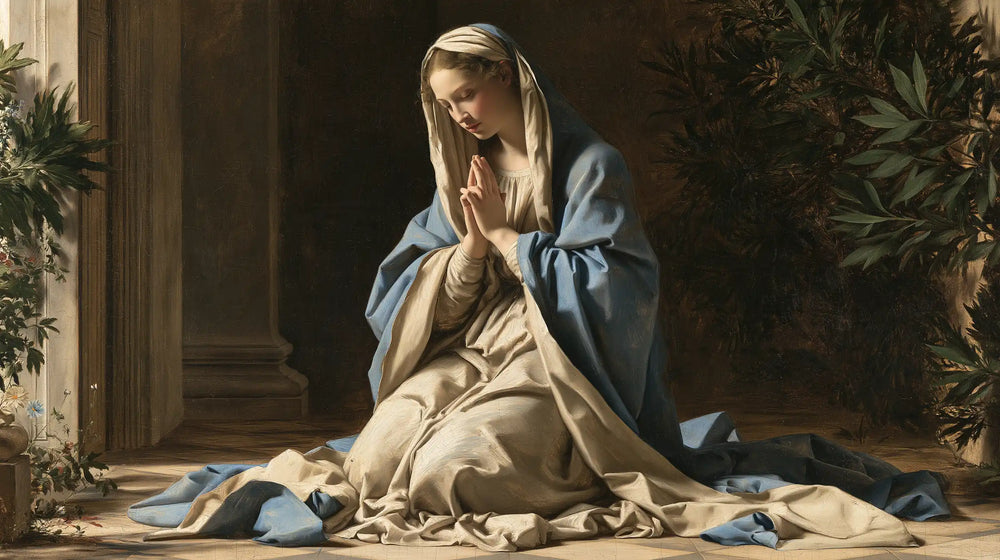 the Virgin Mary in prayer in Florentine Renaissance style, landscape Christian artwork no. 12