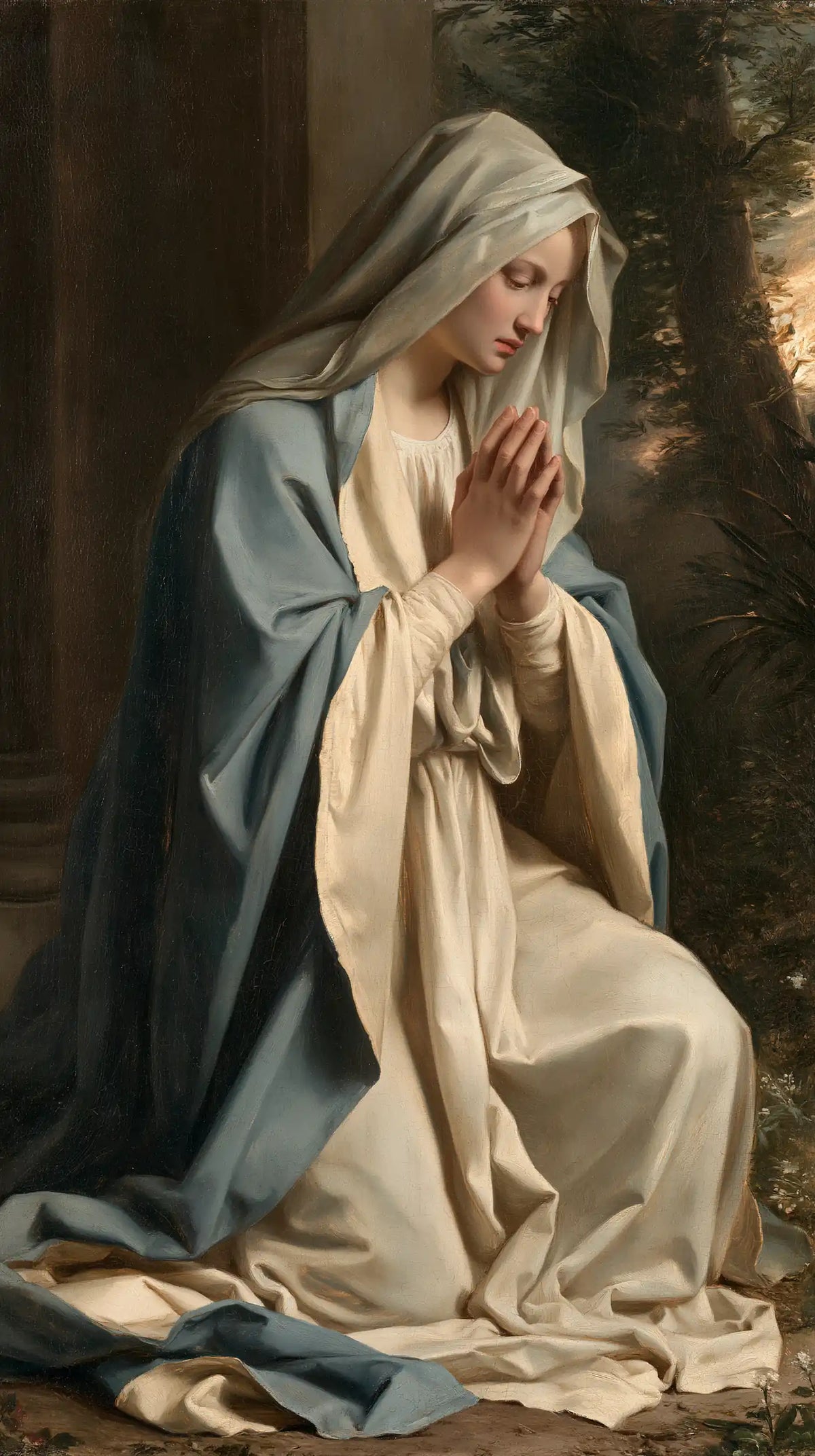 Virgin Mary in Prayer — Light between the Long Folds