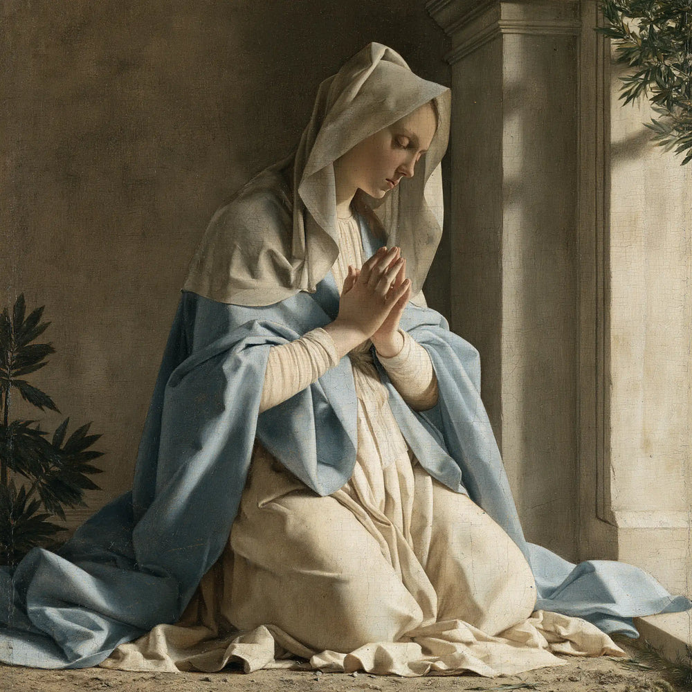 the Virgin Mary in prayer in Florentine Renaissance style, square Christian artwork no. 1