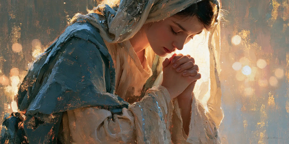 the Virgin Mary in prayer in Impressionist style, landscape Christian artwork no. 15
