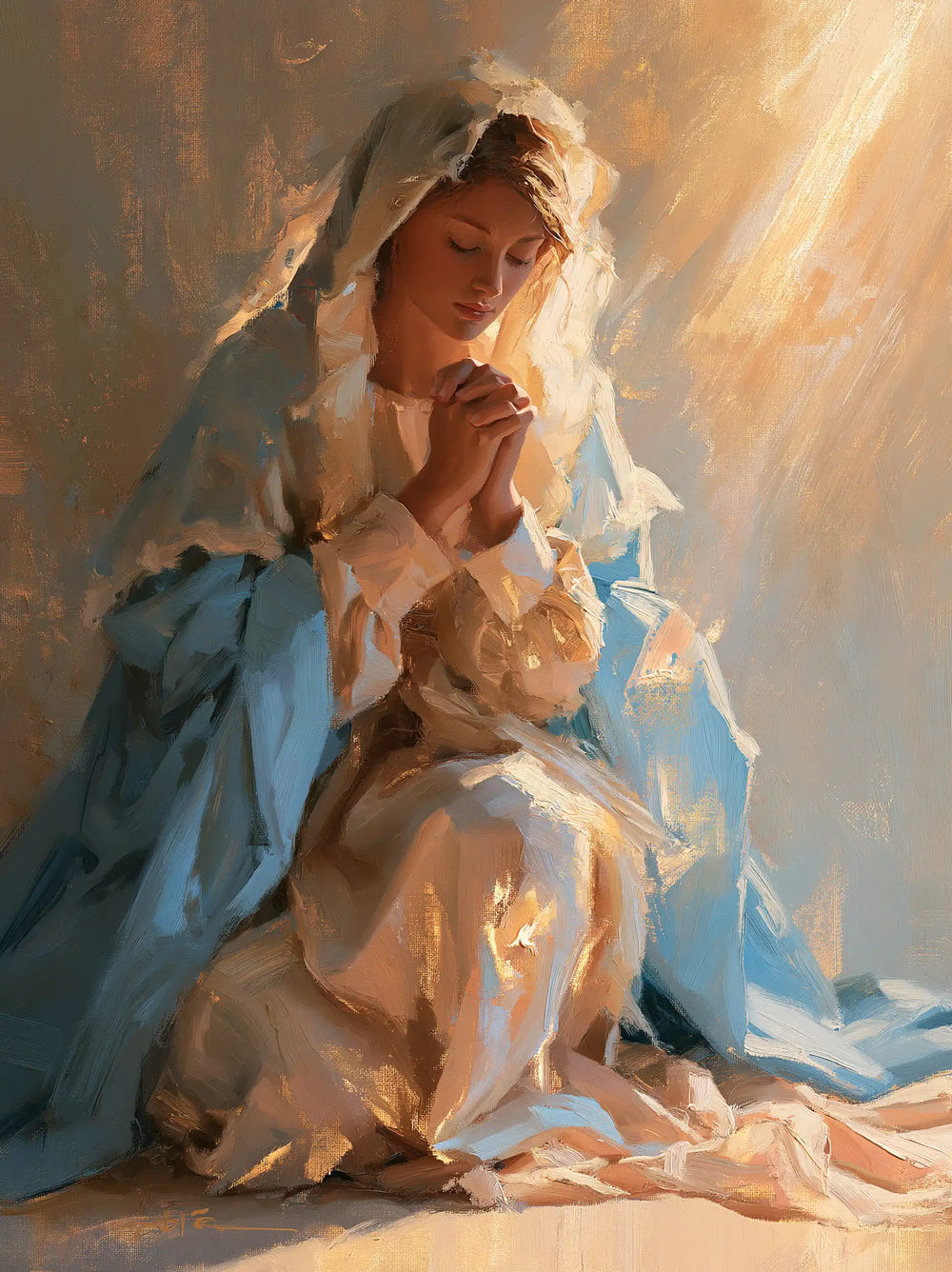 the Virgin Mary in prayer in Impressionist style, portrait Christian artwork no. 12
