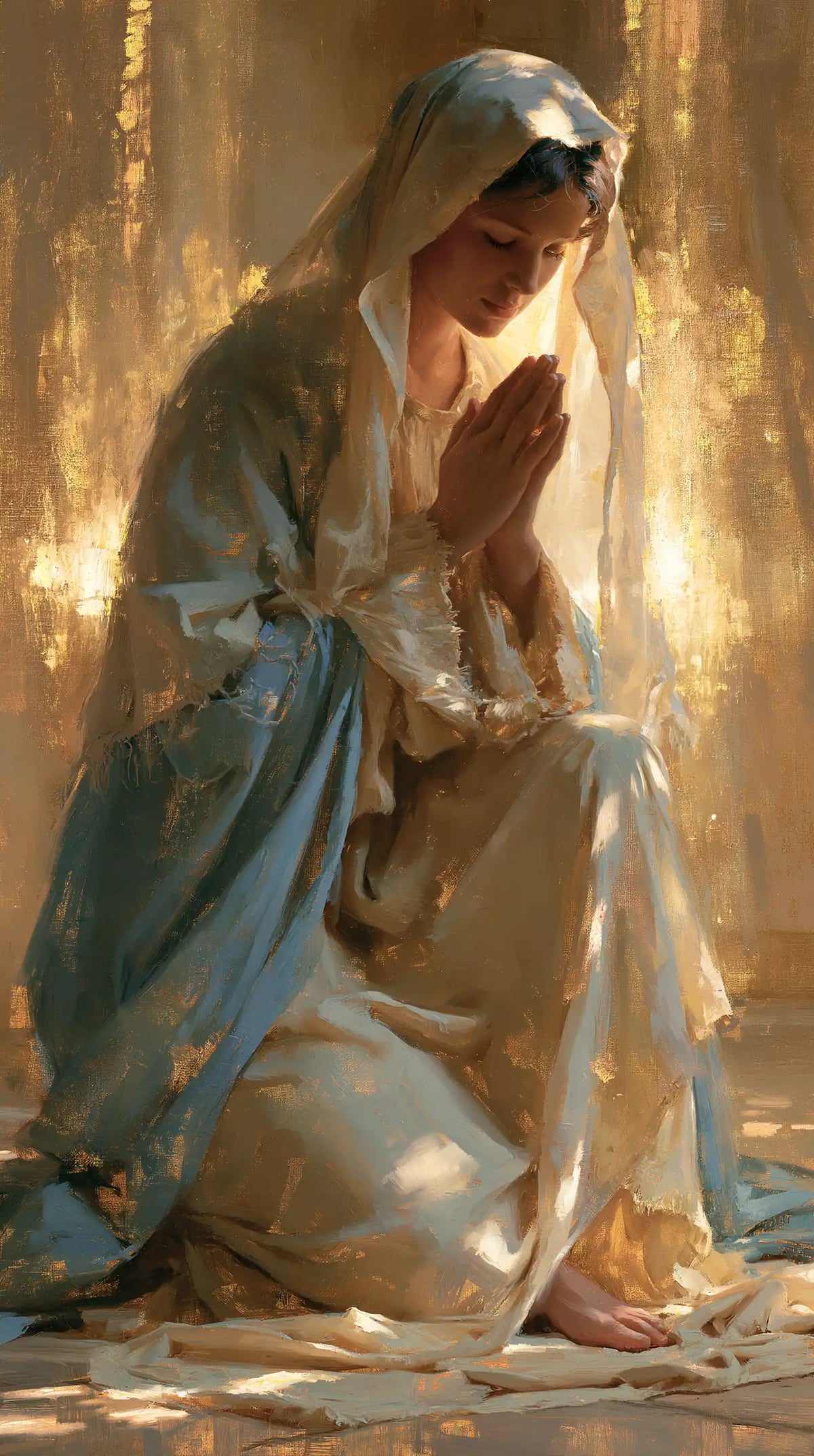 Virgin Mary in Prayer — Palms in Streaming Light