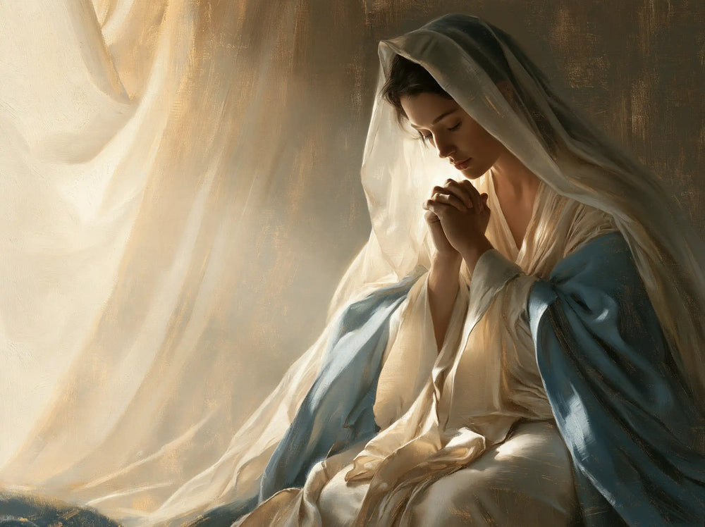 the Virgin Mary praying in a biblical-era interior in Mary in a Biblical Interior style, landscape Christian artwork no. 4