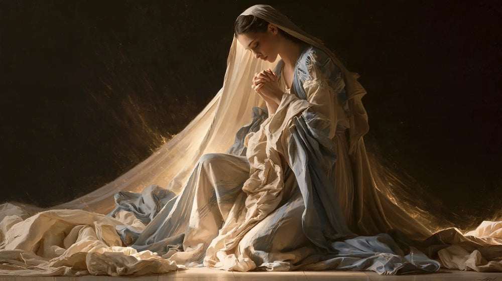 the Virgin Mary praying in a biblical-era interior in Mary in a Biblical Interior style, landscape Christian artwork no. 5