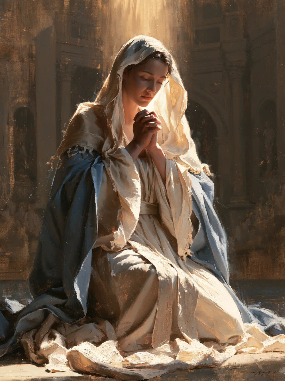 the Virgin Mary praying in a biblical-era interior in Mary in a Biblical Interior style, portrait Christian artwork no. 23