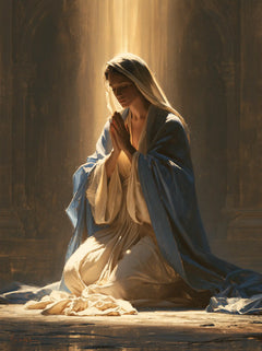 Virgin Mary in Prayer — Presence before the Vertical Light