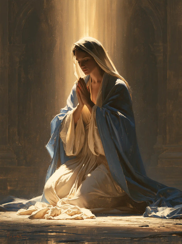 Virgin Mary in Prayer — Presence before the Vertical Light