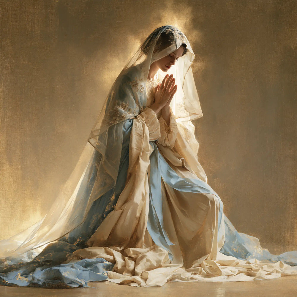 the Virgin Mary praying in a biblical-era interior in Mary in a Biblical Interior style, square Christian artwork no. 3