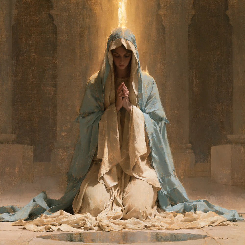 the Virgin Mary praying in a biblical-era interior in Mary in a Biblical Interior style, square Christian artwork no. 8