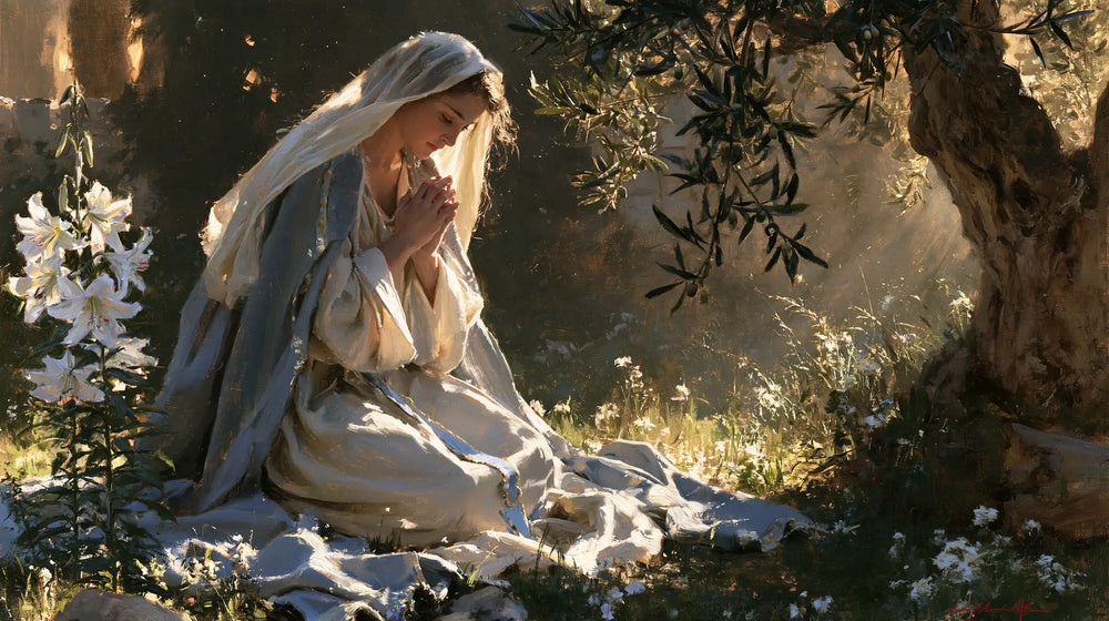 the Virgin Mary praying in a sacred garden in Mary in a Sacred Garden style, landscape Christian artwork no. 10