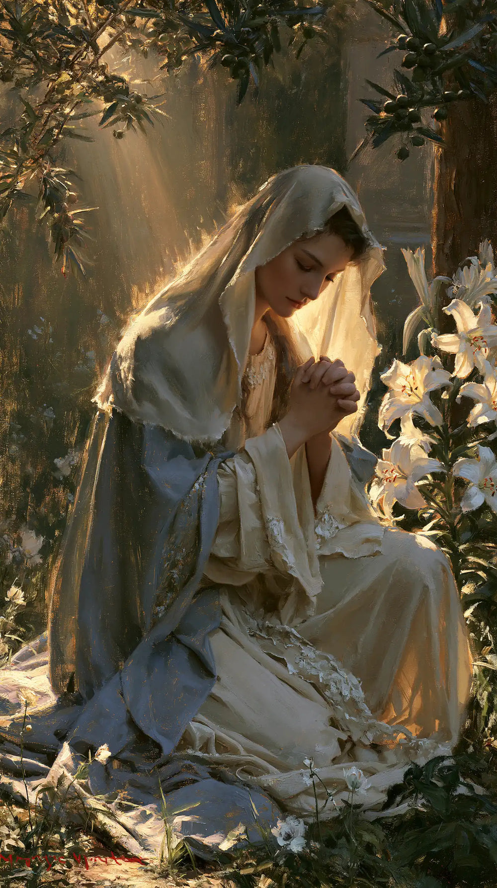 the Virgin Mary praying in a sacred garden in Mary in a Sacred Garden style, portrait Christian artwork no. 5