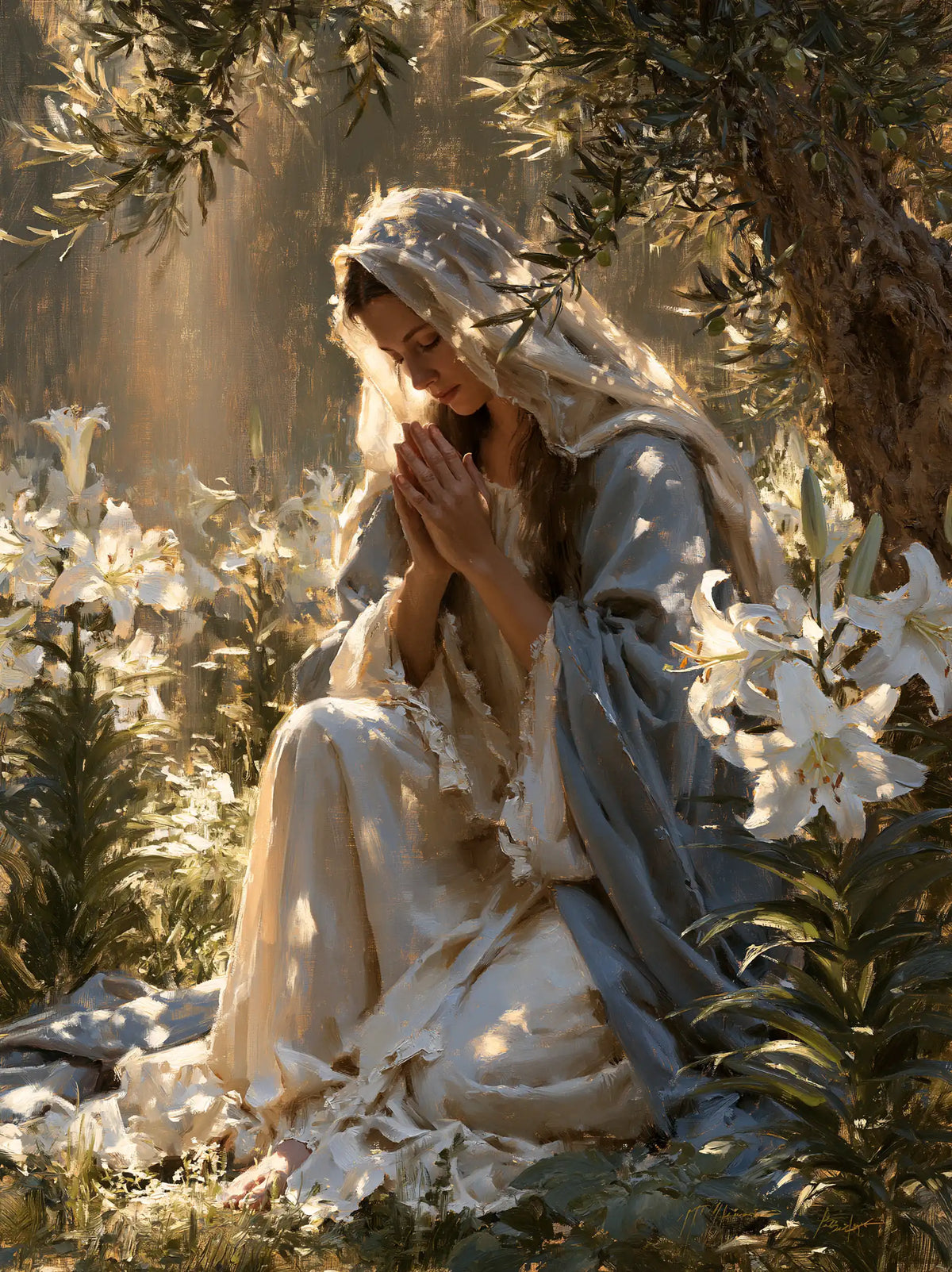 the Virgin Mary praying in a sacred garden in Mary in a Sacred Garden style, portrait Christian artwork no. 10